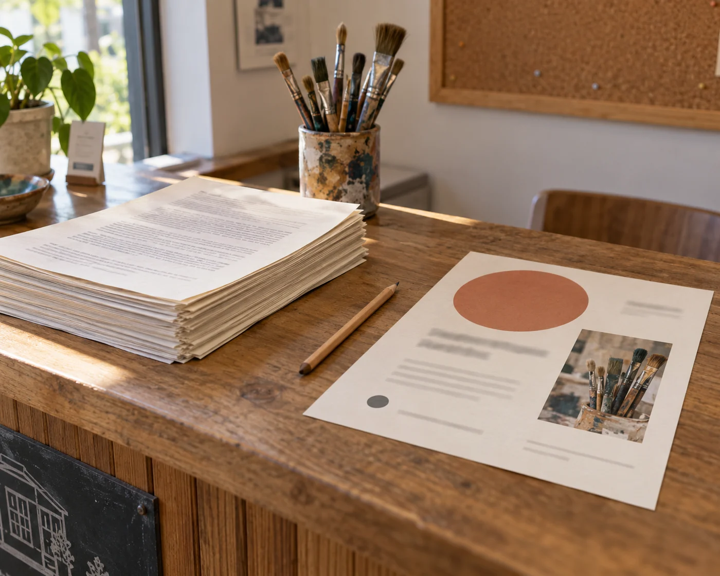 A stack of source documents beside a single designed flyer and pencil on an arts centre counter.