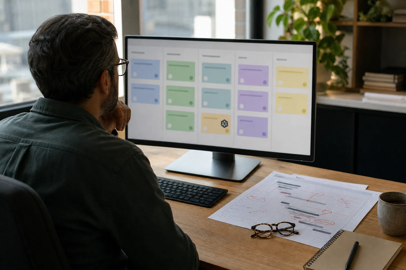 A project manager compares a digital task board with a printed project timeline covered in review marks.