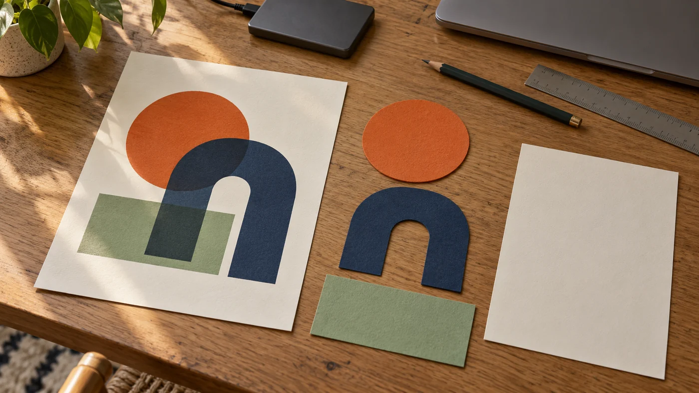 A geometric print on a wooden desk sits beside separate orange, blue and green paper shapes matching its composition.