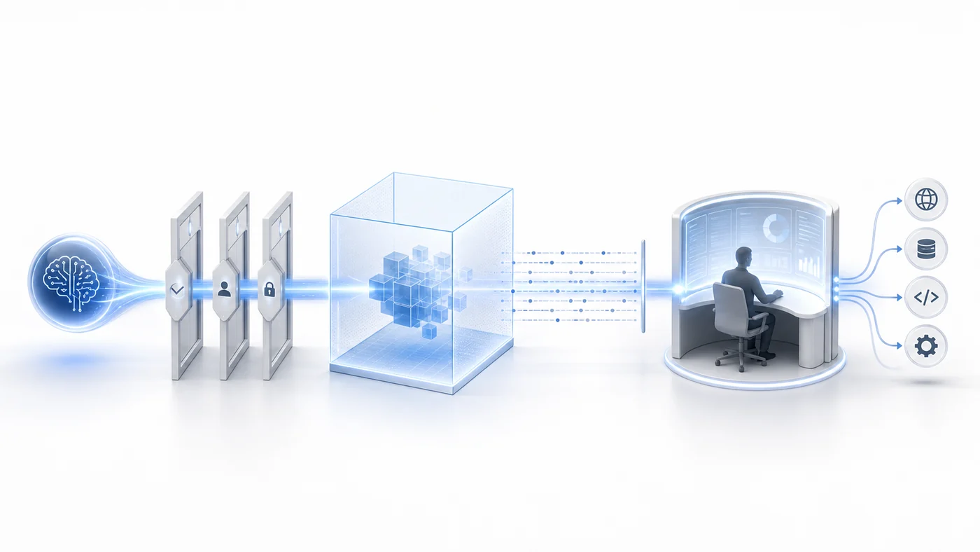 A light-blue AI control flow illustration showing an agent signal passing through approval gates, a sandbox, and an operator console with connected tools.