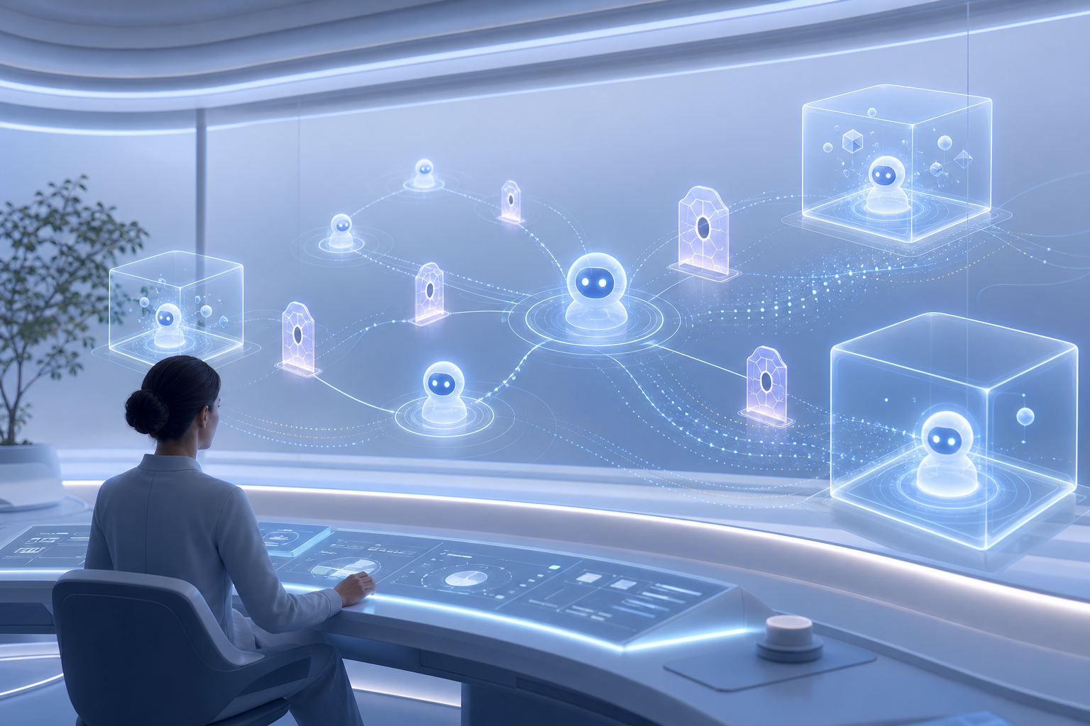 Editorial illustration of agent nodes, permission gates, sandboxes, and an operator console