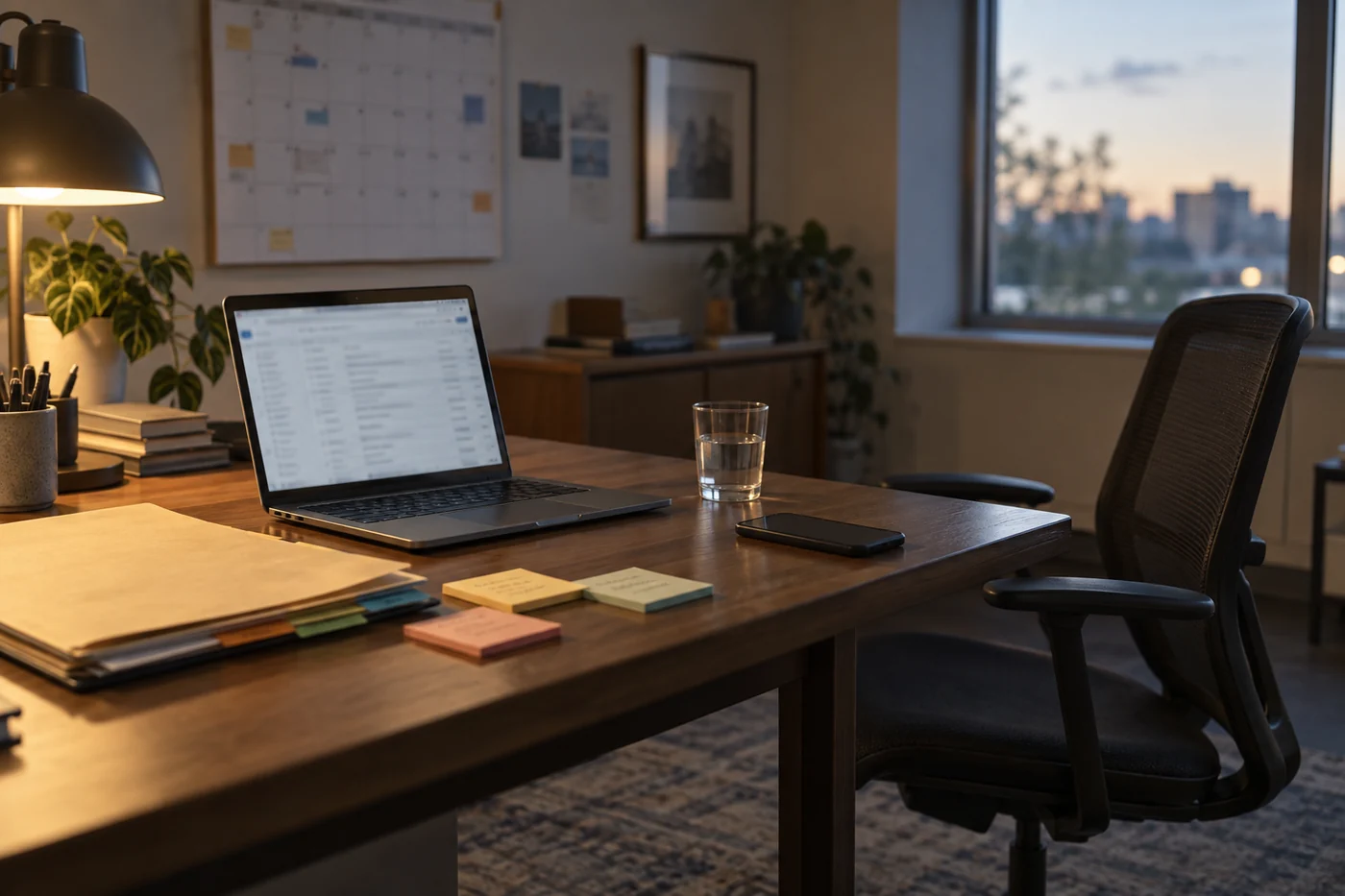 An empty small-office desk at dusk with a laptop, paper folder, sticky notes, phone and glass of water.