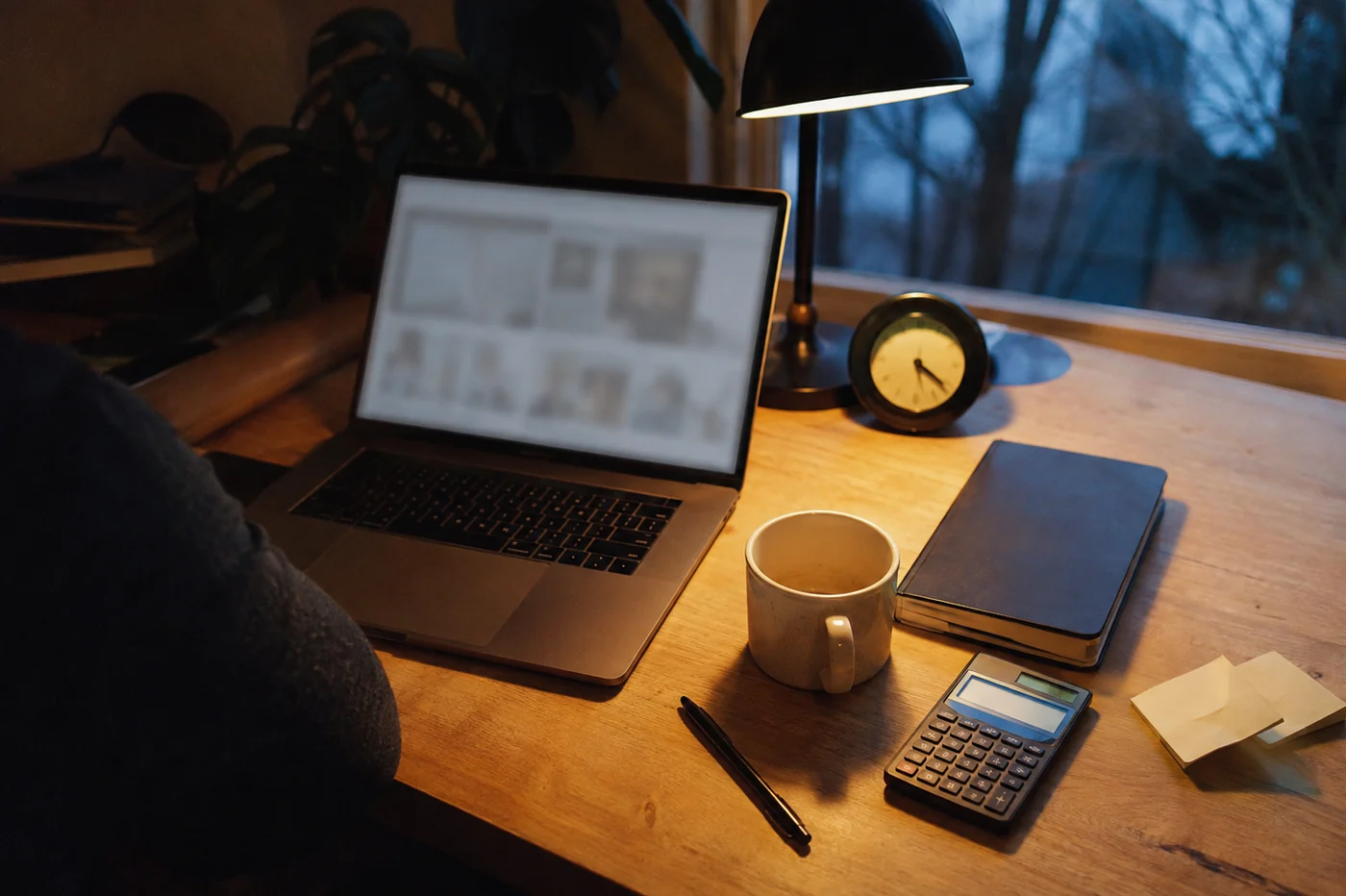 A person at an evening desk with a laptop, analog clock, coffee mug, notebook and calculator.