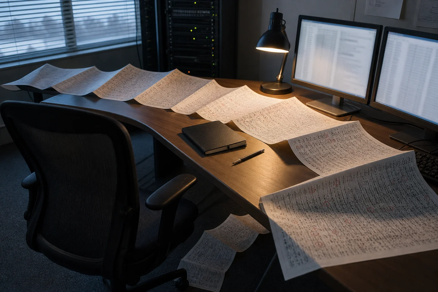A long paper incident timeline covered in small marks runs across a security desk beside two monitors at dawn.