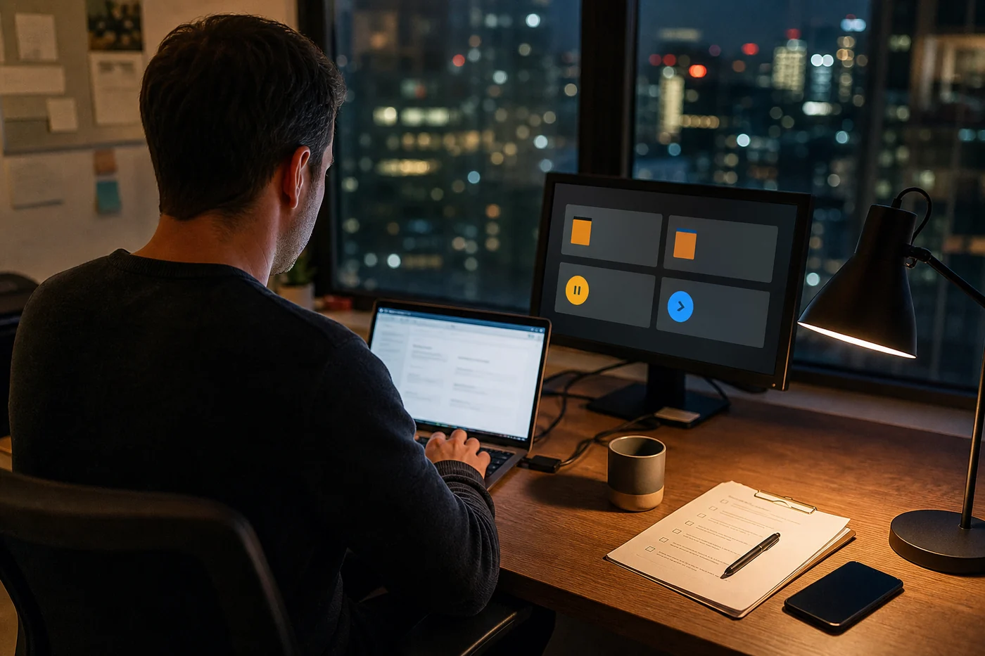 A person at an evening desk looks at a simple paused and handoff status display beside a checklist.