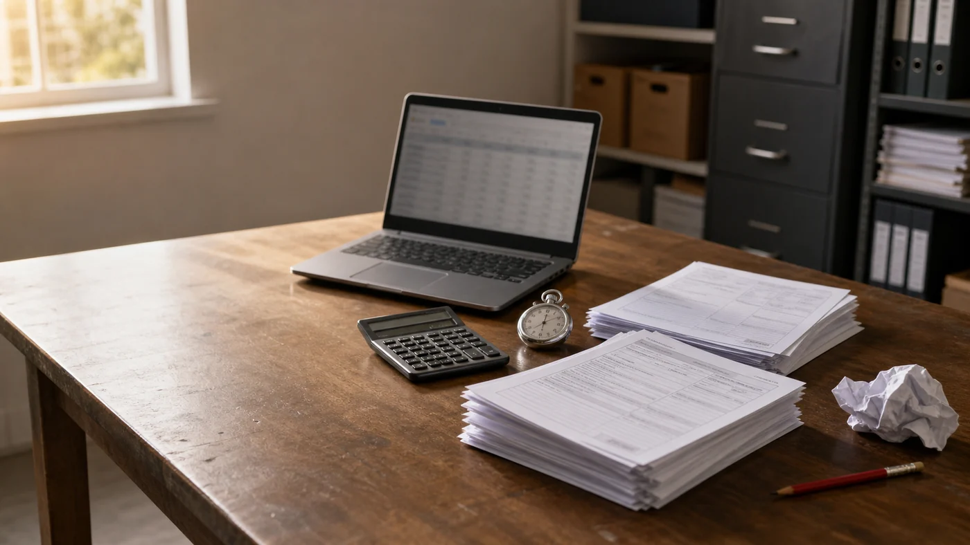 A laptop, calculator, stopwatch, correction pencil, and two stacks of office forms on a worn wooden desk.