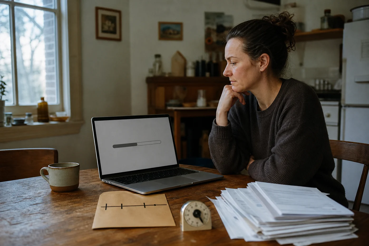 A small-business owner reviews a paused progress bar beside a kitchen timer, an envelope and a stack of invoices.