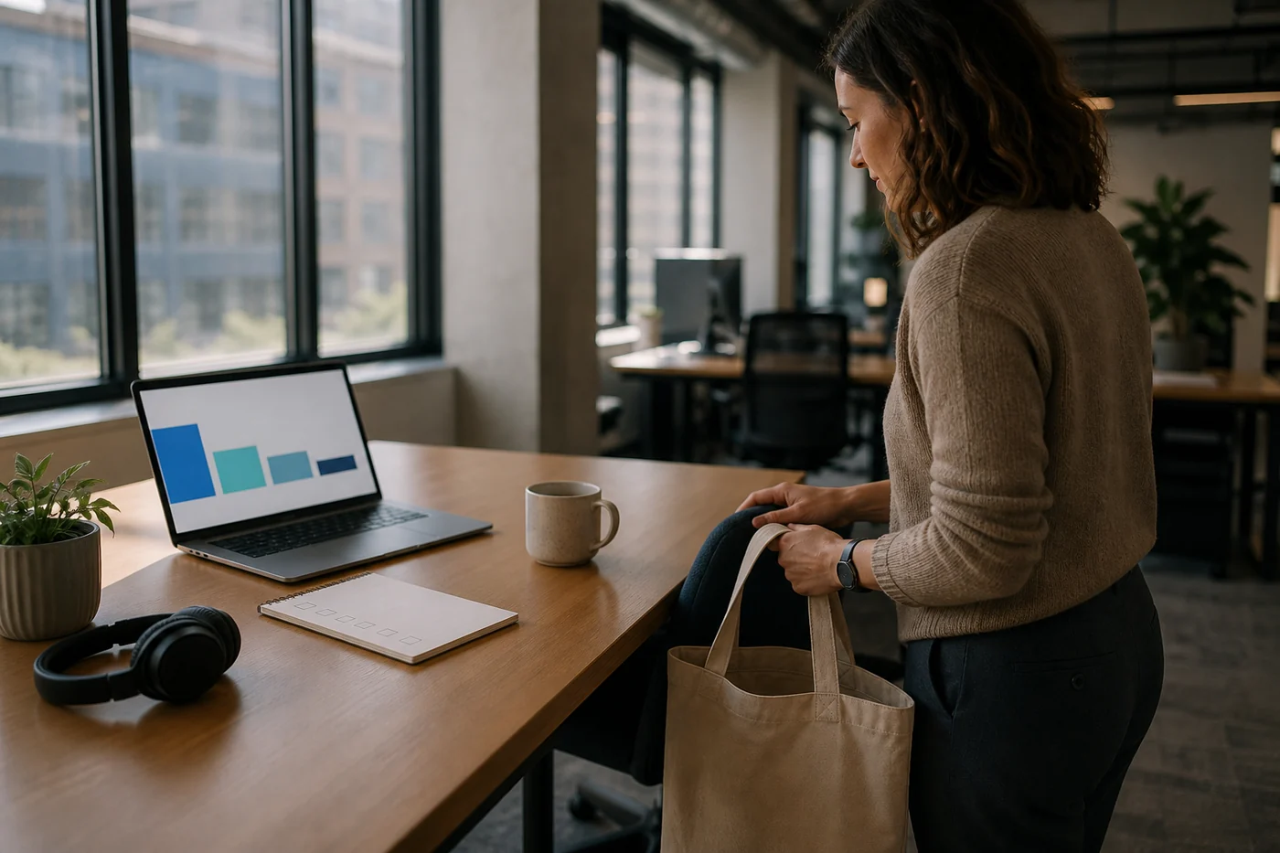 A worker returns to a quiet office desk with an unbranded laptop, notebook, headphones and canvas tote in afternoon light.