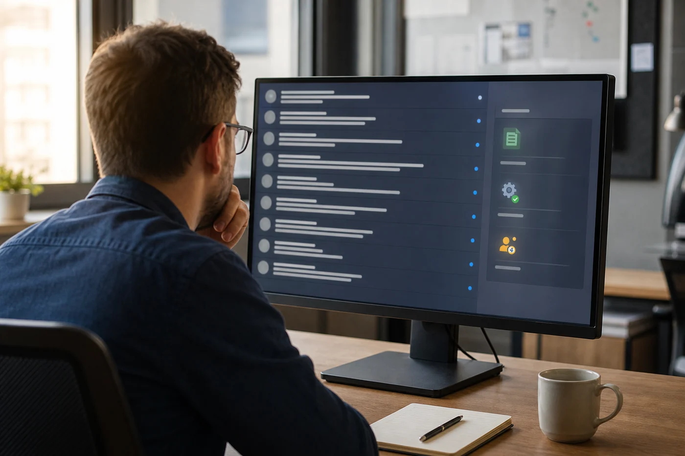 A worker studies a busy team-chat screen with a separate, calmer activity rail for documents, automations and reviews.