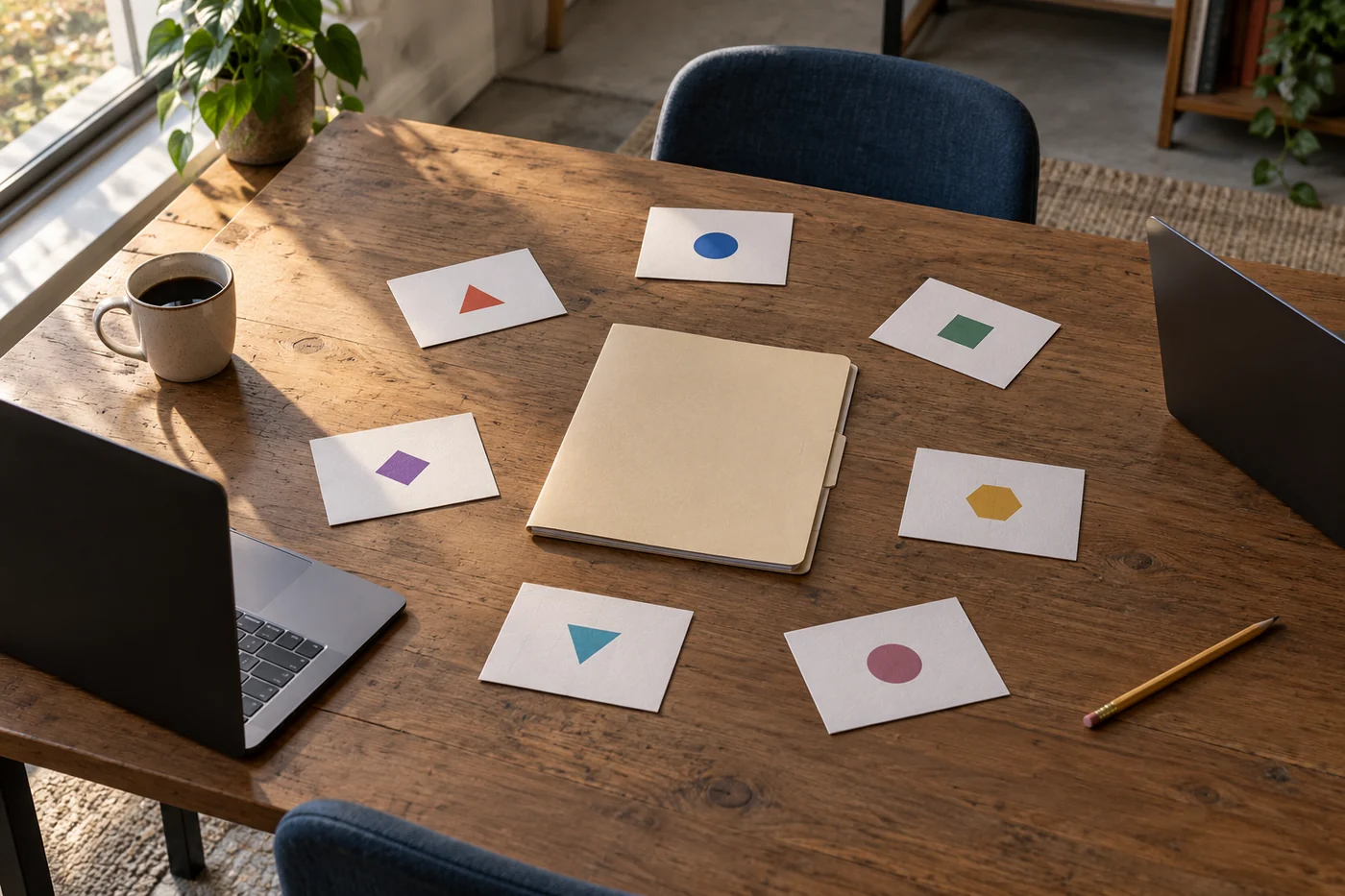 Seven separate cards with coloured shapes surround a closed folder on an office table between two laptops.