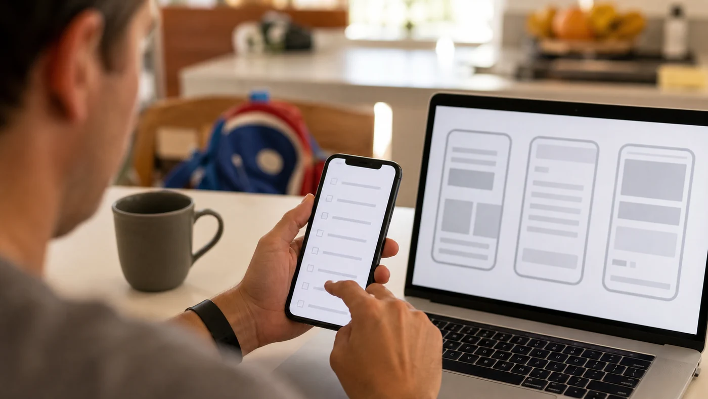 A person tests a simple checklist app on a phone beside a laptop showing unbranded mobile app wireframes at a kitchen table.