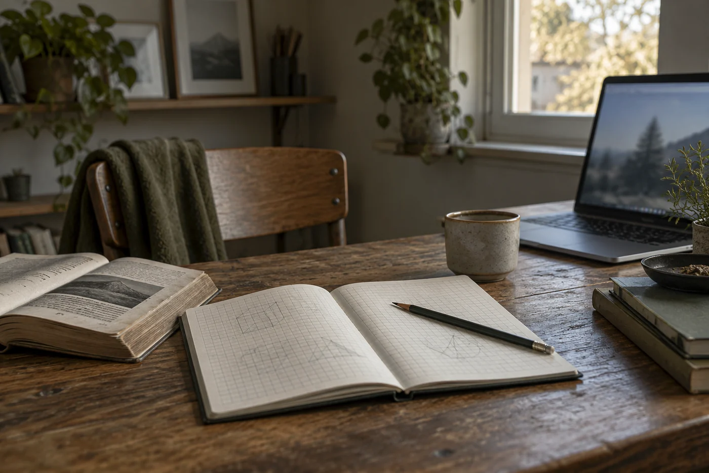 A pencil rests across an open squared-paper notebook beside a reference book, coffee cup and laptop on a sunlit desk.
