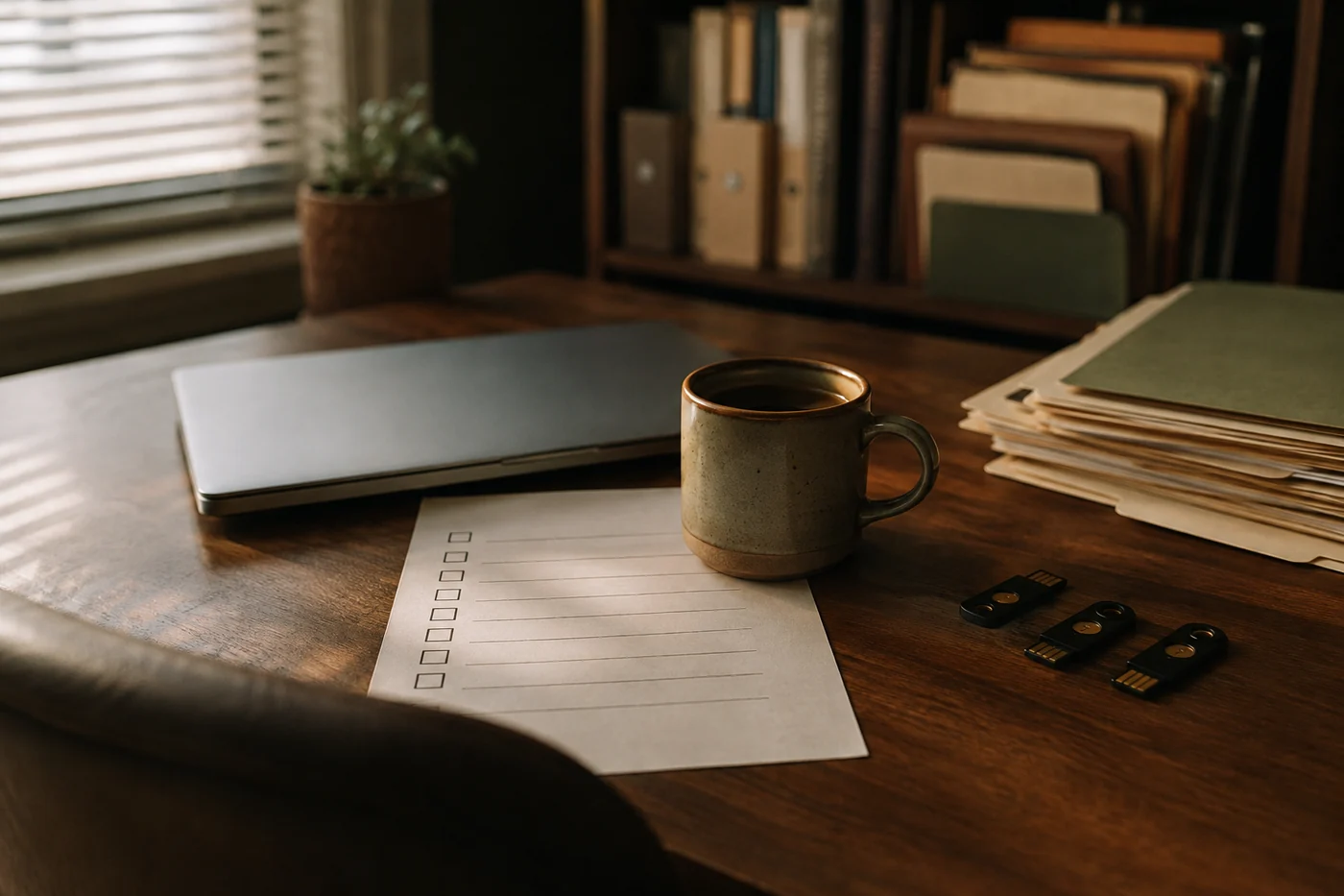 A small business desk with a closed laptop, a blank paper checklist, coffee mug and three unbranded hardware security keys in morning light.