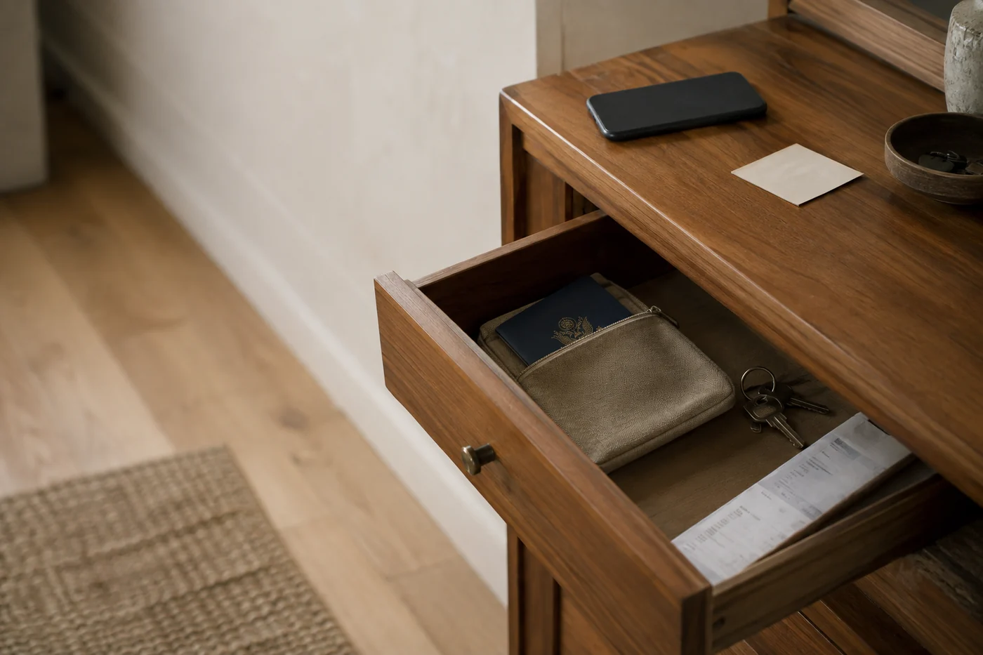 A passport in a document pouch inside an open wooden drawer, with keys and a phone nearby.