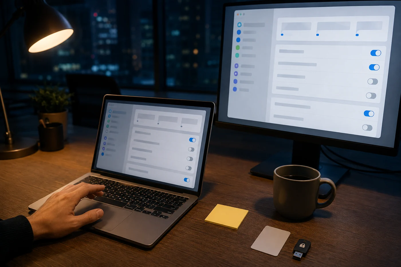 A hand pauses above a laptop trackpad on a desk with a monitor showing abstract notification settings, a security key and a small lock.