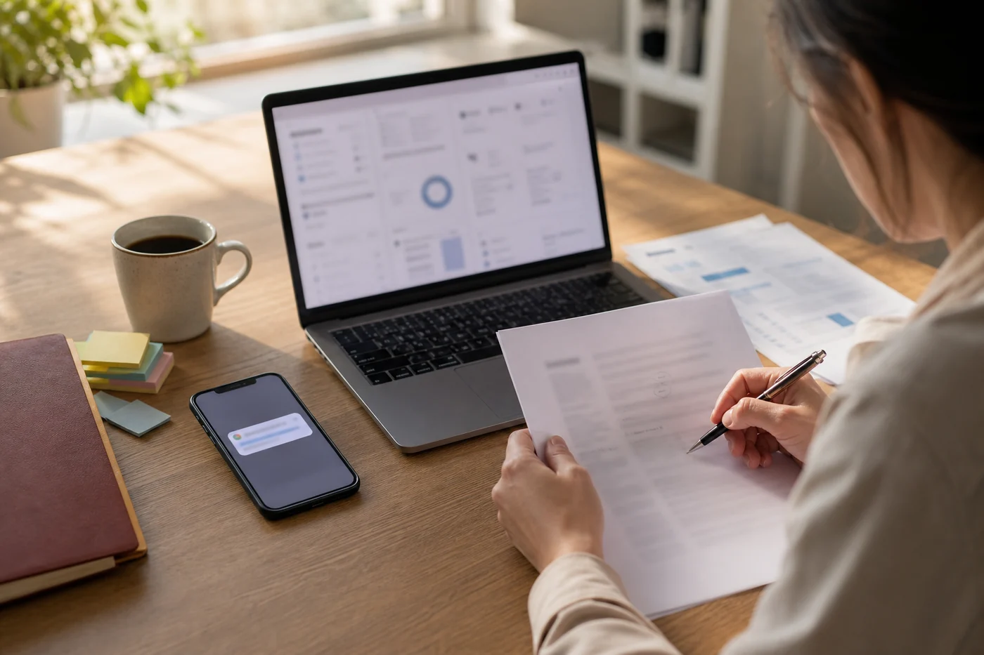 A person reviews papers beside a laptop and phone on a sunlit desk, suggesting AI work moving between desktop and mobile review.