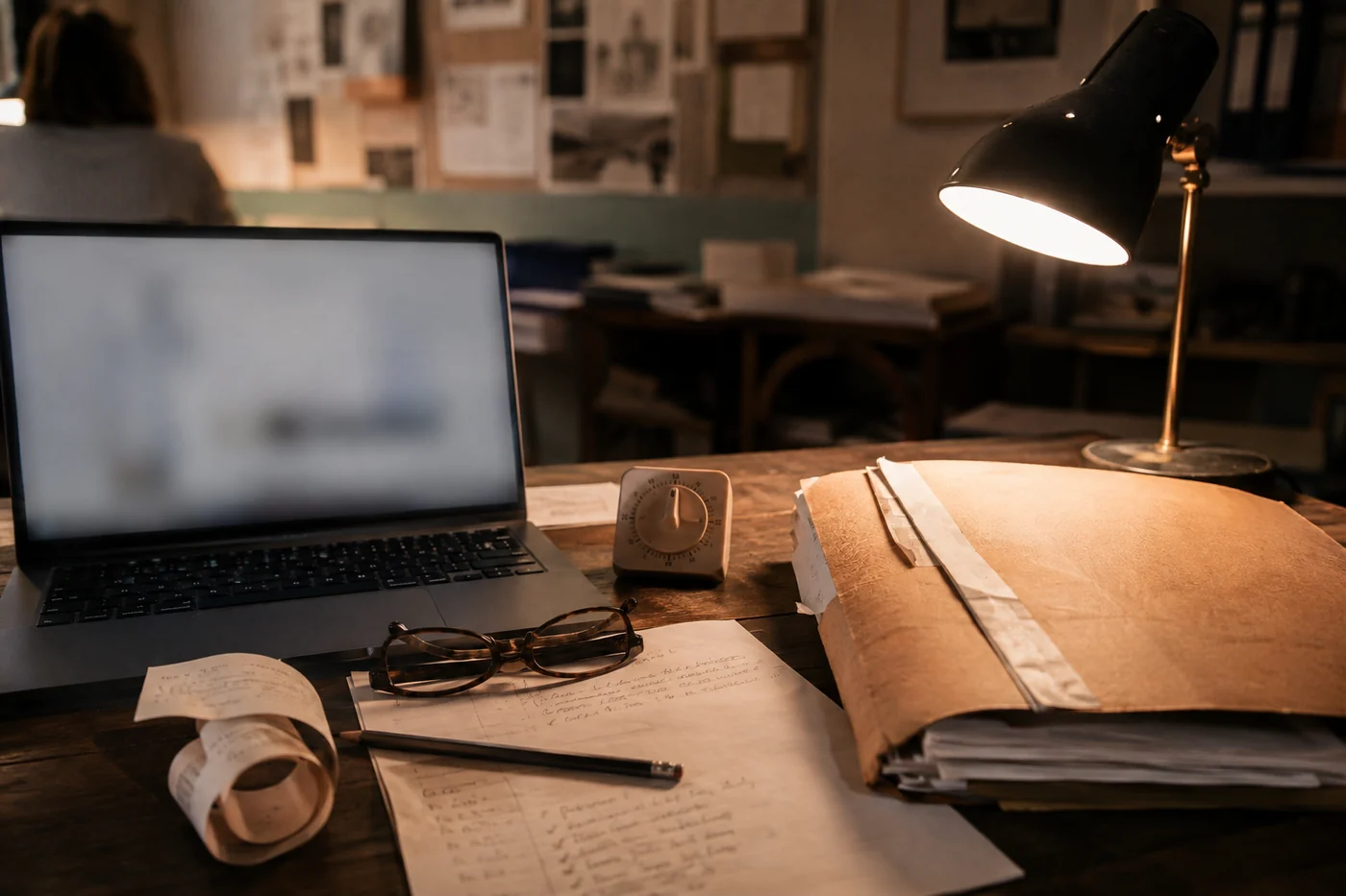 An evening desk with an unbranded laptop, project folder, kitchen timer, handwritten notes, receipt roll, glasses, and a warm lamp.