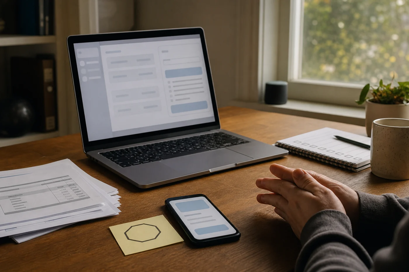 A person pauses at a desk before approving an AI assistant action on a laptop and phone, with invoices and a checklist nearby.