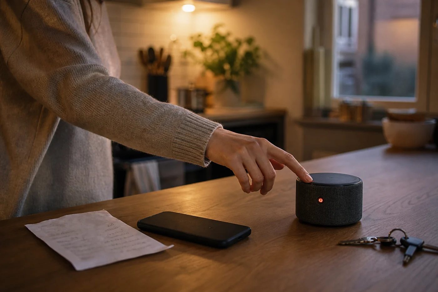 A person pressing the physical mute button on an unbranded smart speaker beside a phone, house keys, and a grocery list on a kitchen counter.