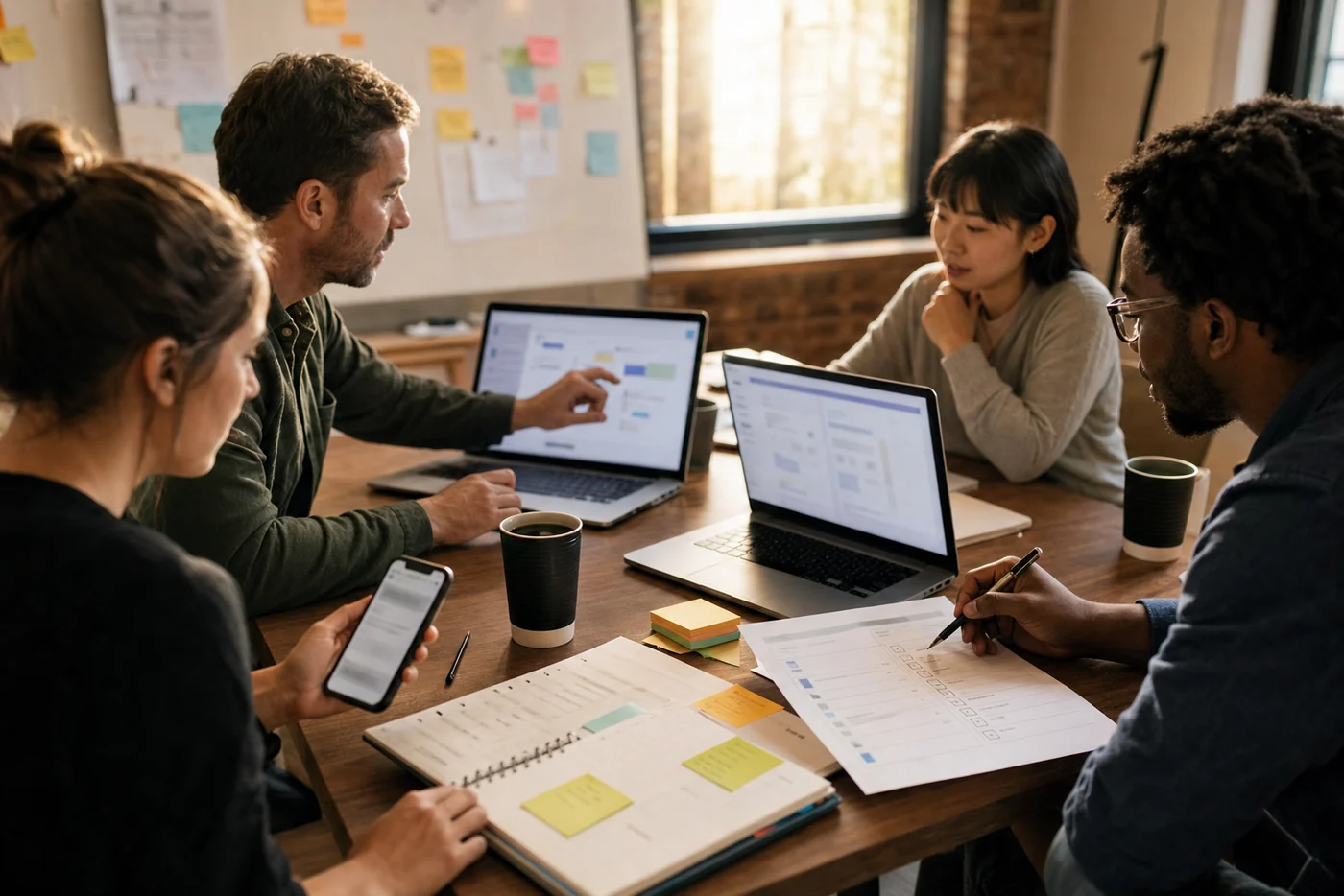 A small operations team reviews laptops, a phone, and a paper checklist around a conference table in late afternoon light.