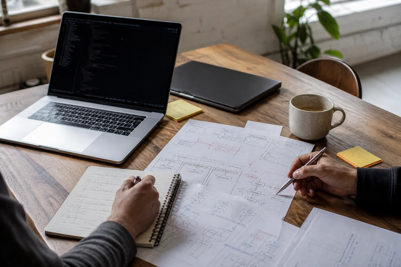Two coworkers reviewing diagrams and notes beside a laptop at a wooden table.