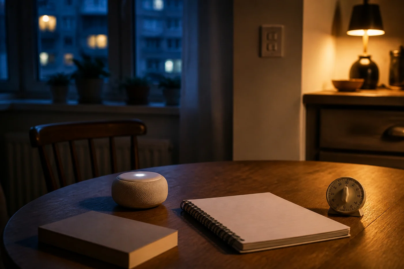 A small smart speaker, notebook and kitchen timer on a warmly lit table at dusk.