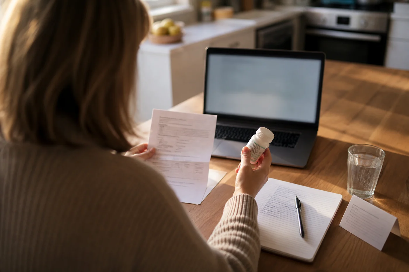 A person at a kitchen table comparing a clinic document and prescription bottle beside an unbranded laptop and notebook.