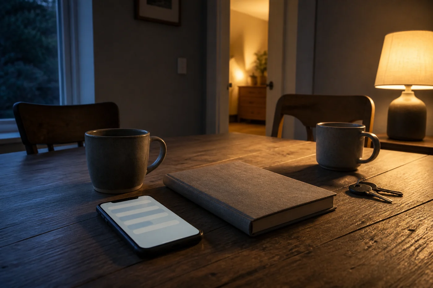 A phone with a blank chat interface sits on a kitchen table between two chairs and two mugs in a warmly lit home.