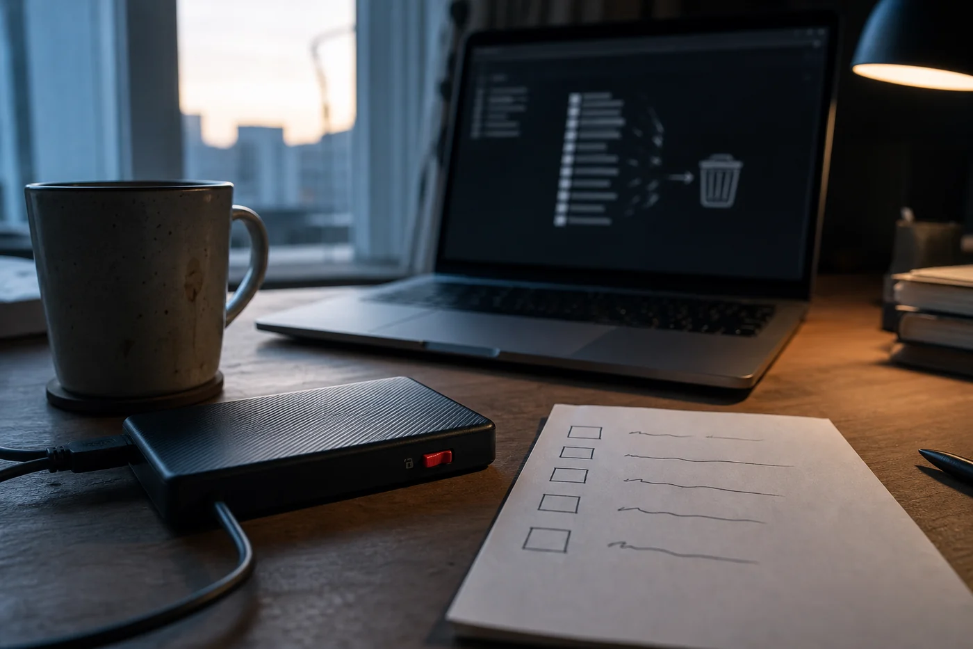 An external backup drive with a red write-protect switch sits beside a laptop showing abstract files moving toward a trash icon.