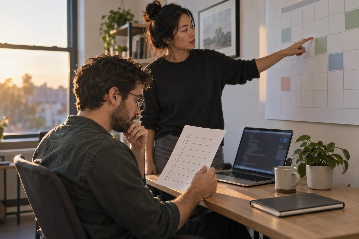 Two software teammates reviewing a release checklist beside a laptop and a wall calendar.