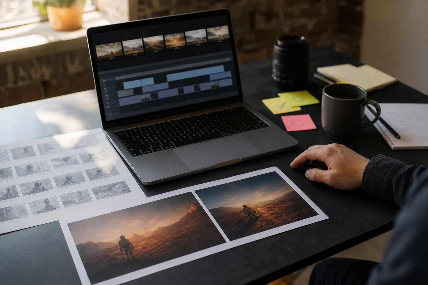 A creative studio desk with a laptop video timeline, printed storyboards, sticky notes, a camera lens, and a hand near the mouse.