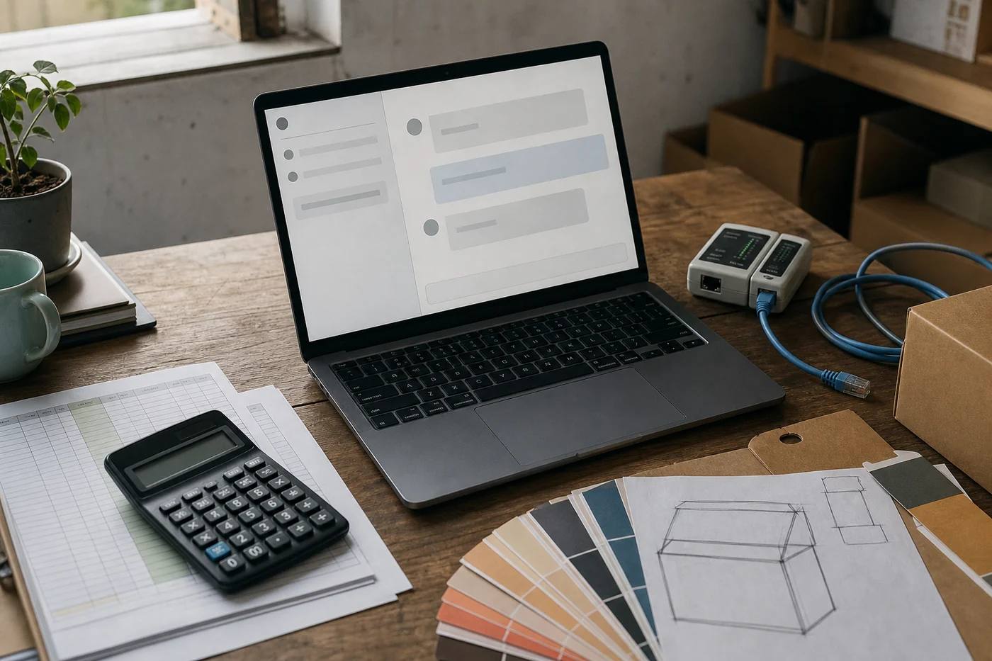 A single small-business desk holds a spreadsheet and calculator, packaging sketches and color swatches, and a network cable tester around one laptop.