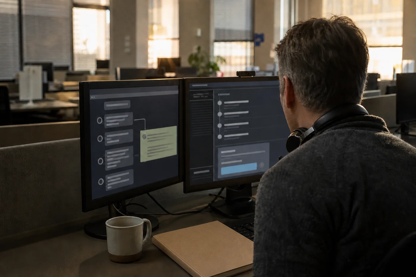 A customer support representative reviews an escalated case across two monitors in a quiet office late in the day.
