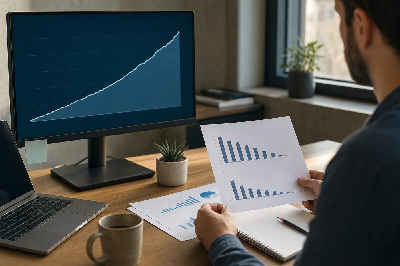 A team lead compares a steadily rising line on a monitor with shrinking bars on printed weekly charts.