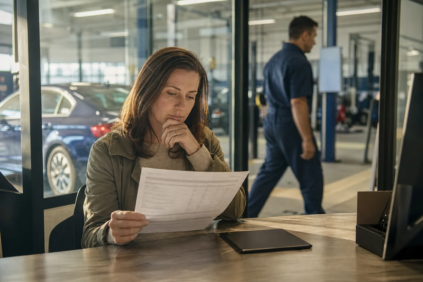 A customer at a car dealership service desk reads a repair estimate while a blue sedan and mechanic are visible through the service-bay glass.