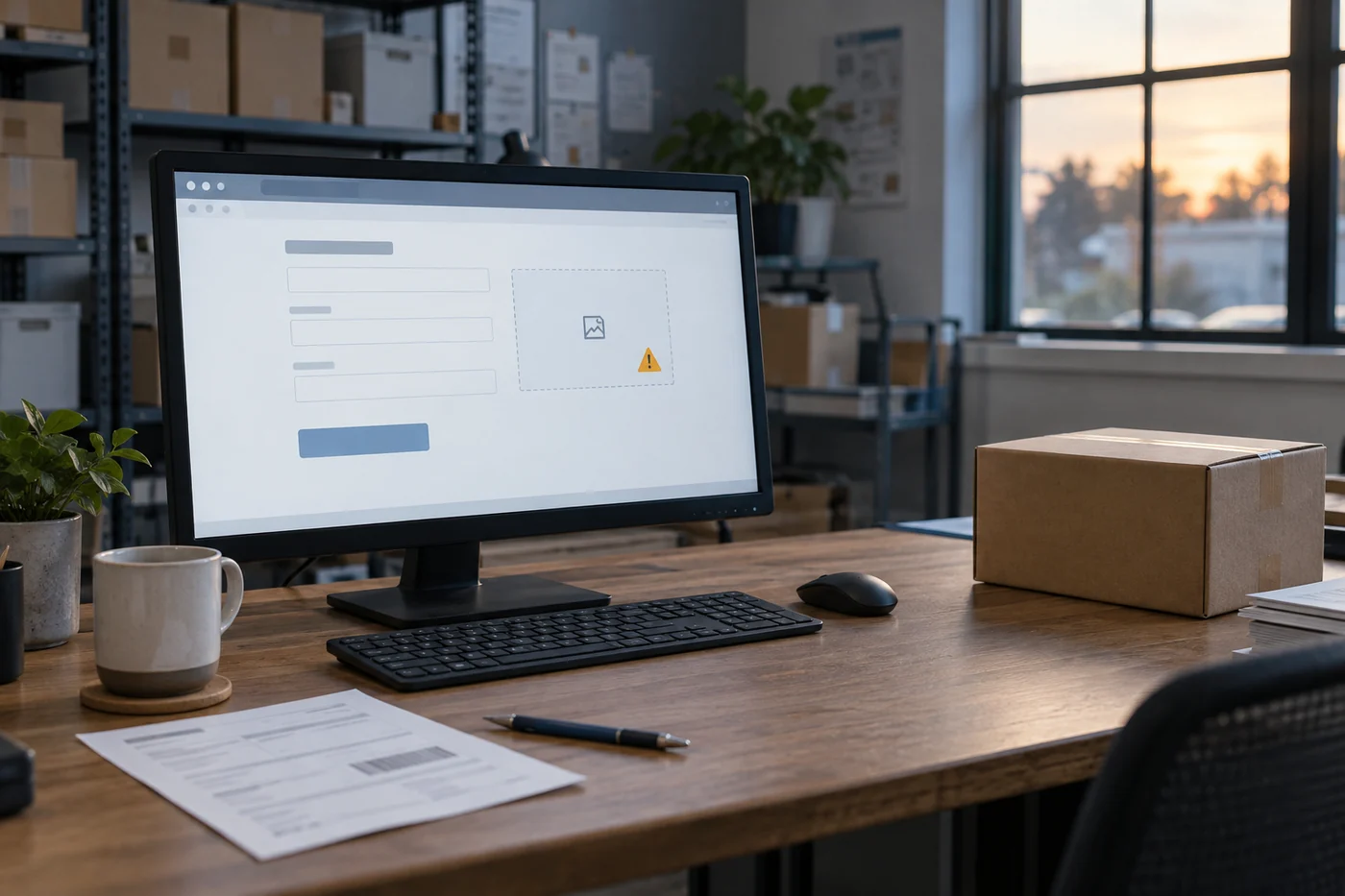 A small-business packing desk with a desktop monitor showing an unreadable web form and a subtle warning icon beside a shipping box.