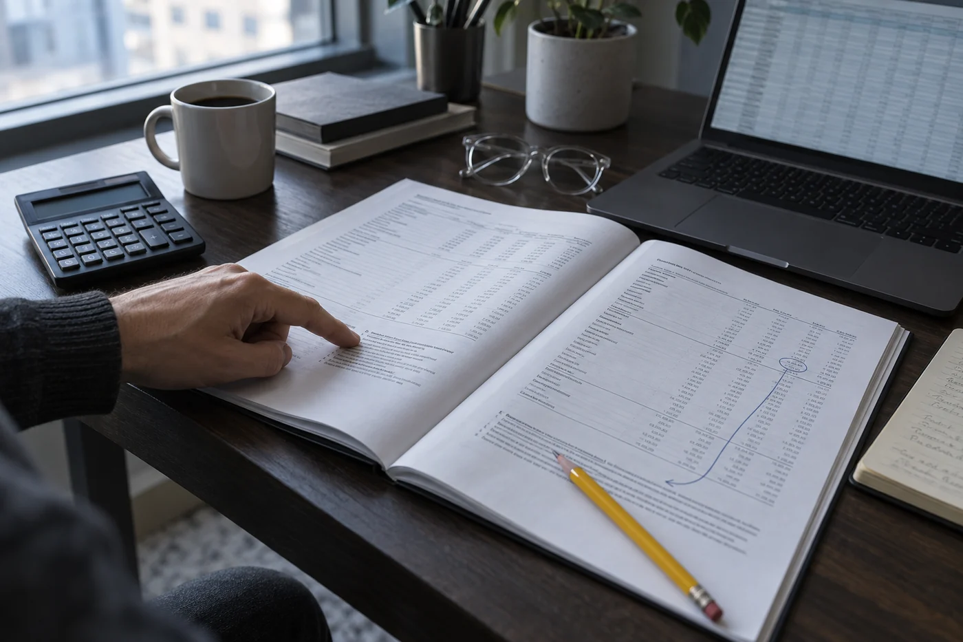 An analyst points to a footnote in an open financial report beside a calculator, glasses, pencil, and laptop.