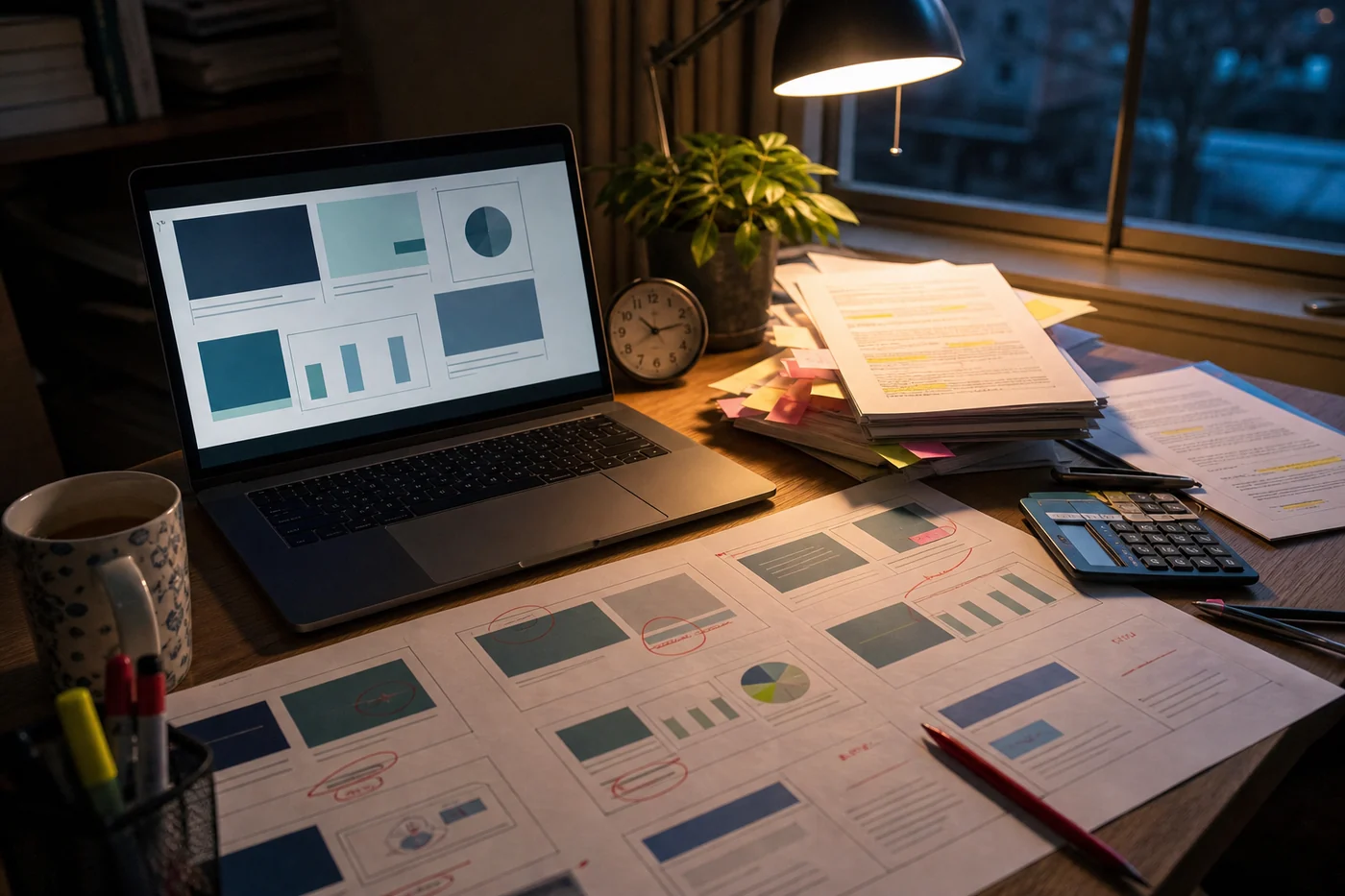 A polished presentation sits open on a laptop beside printed slides, highlighted source documents, handwritten corrections and a calculator on an evening desk.