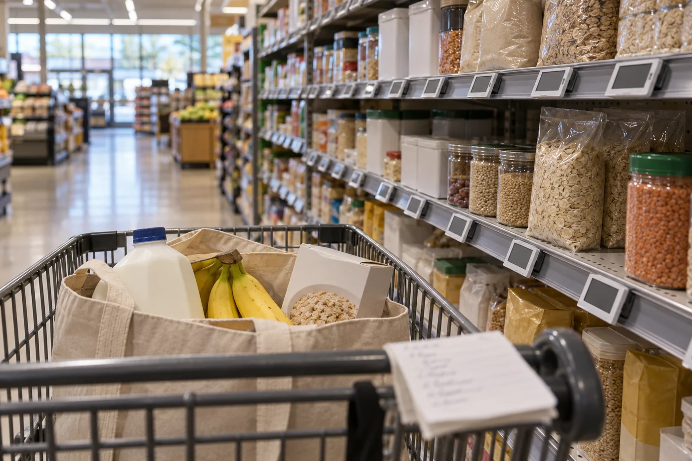 AI-generated illustration of a grocery cart beside electronic shelf labels in a supermarket aisle.
