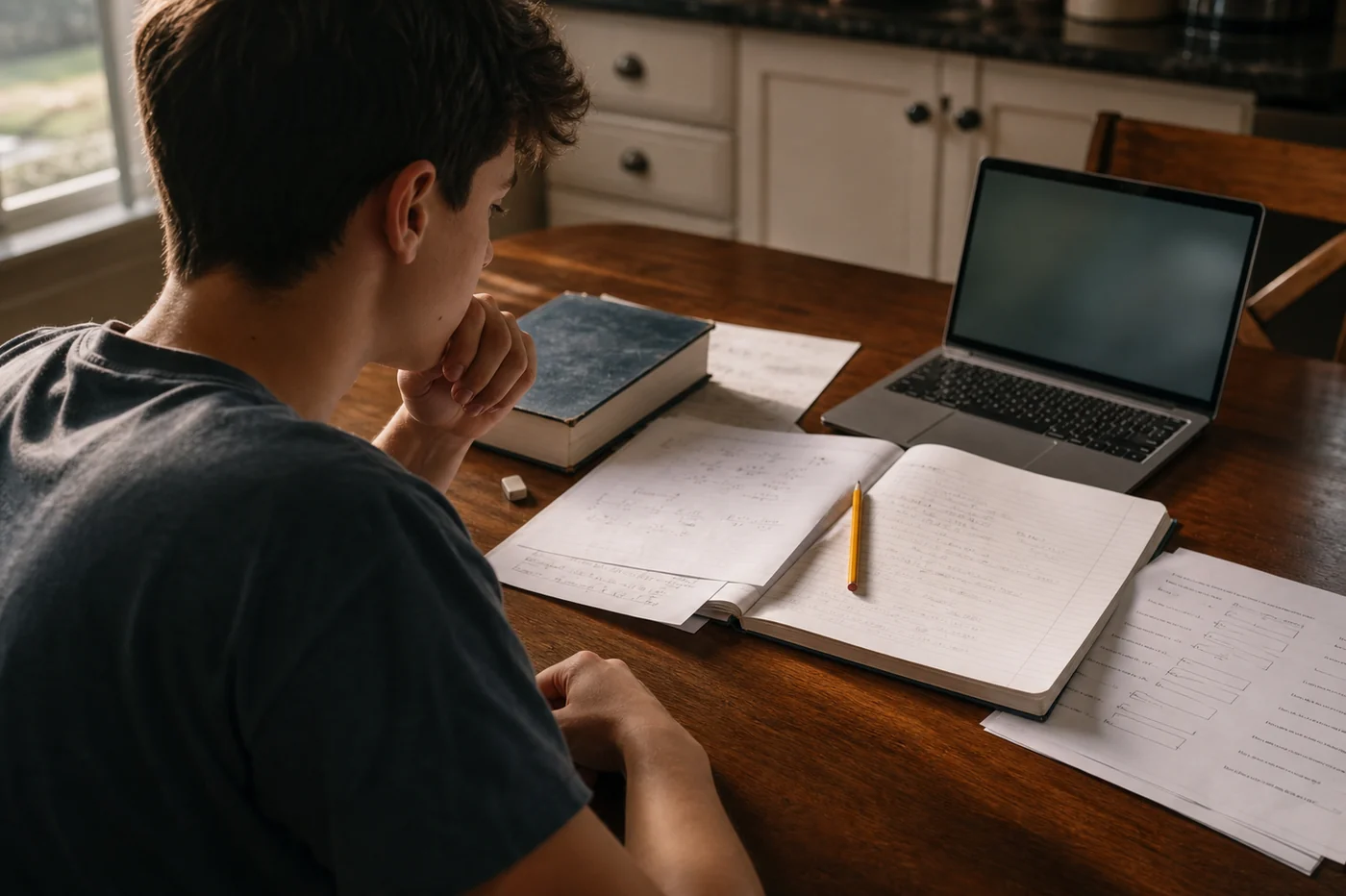 A student pauses over handwritten math work at a kitchen table beside a closed textbook and laptop.