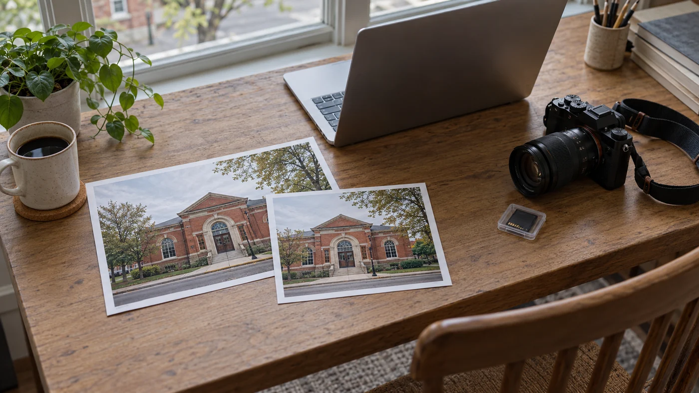 A camera and laptop beside two differently framed prints of a brick library on a wooden desk.