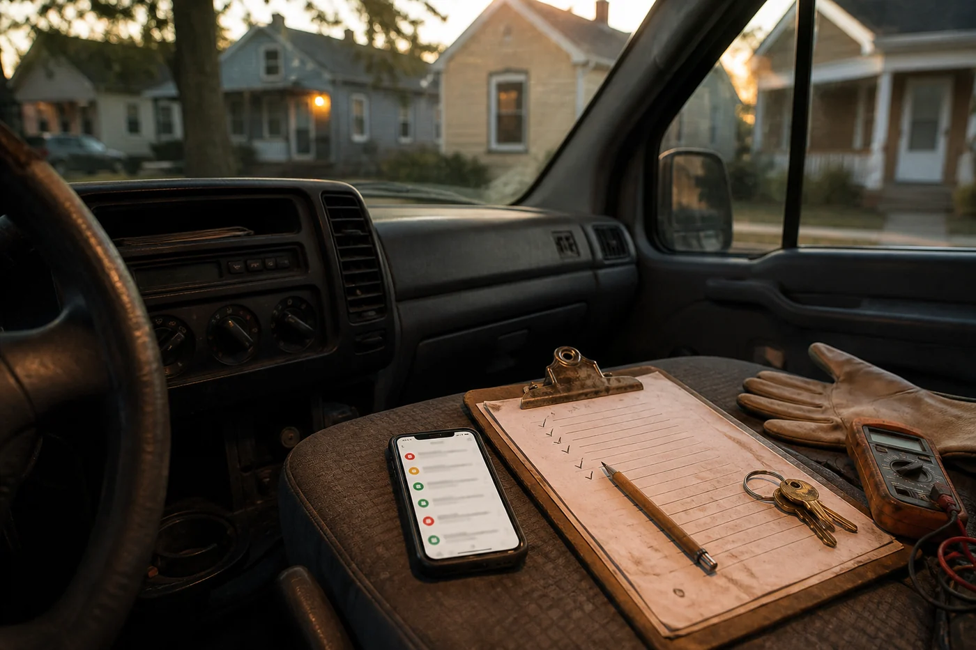 A phone with a blurred customer inquiry list rests beside a job clipboard, keys, glove and multimeter in a service van.