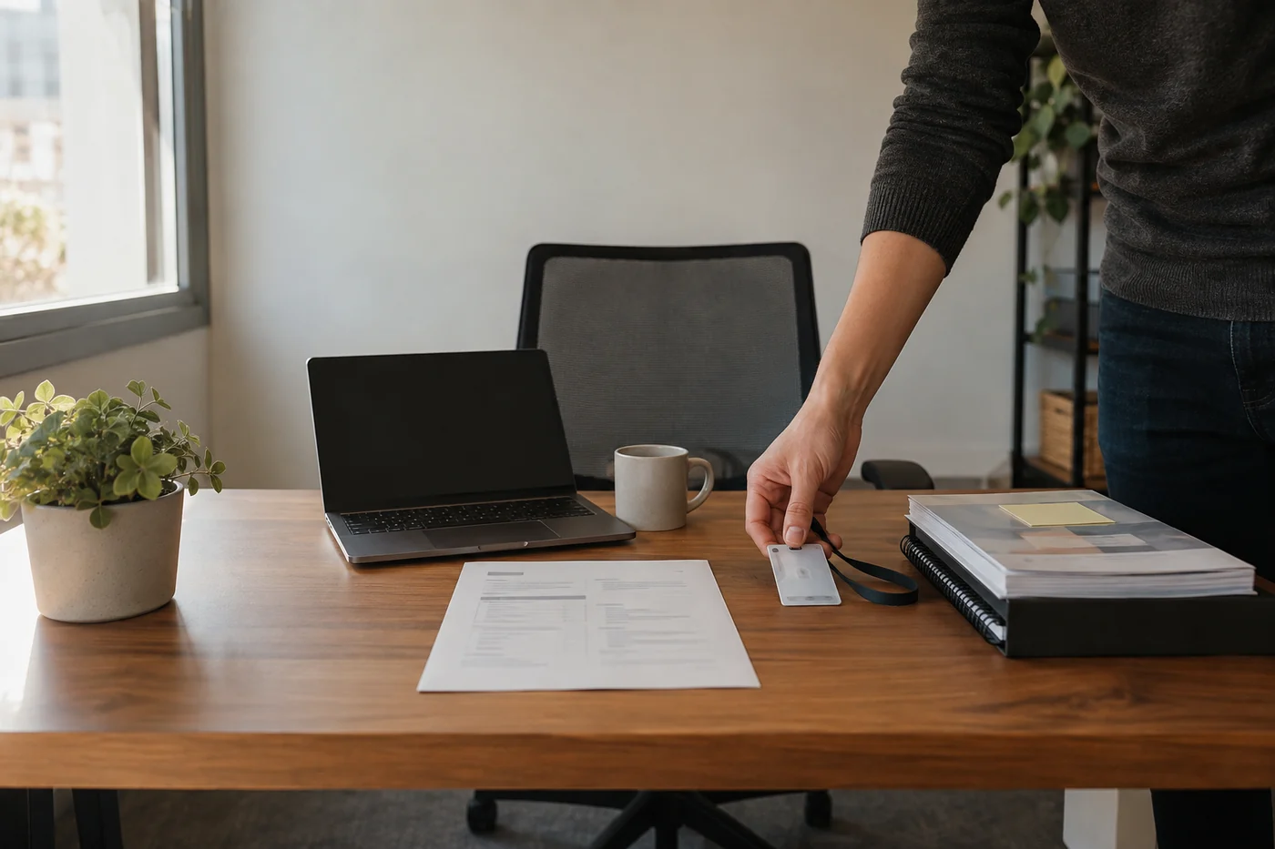 A prepared desk with an unbranded laptop, keycard, welcome materials, mug and plant as a colleague places the keycard down.