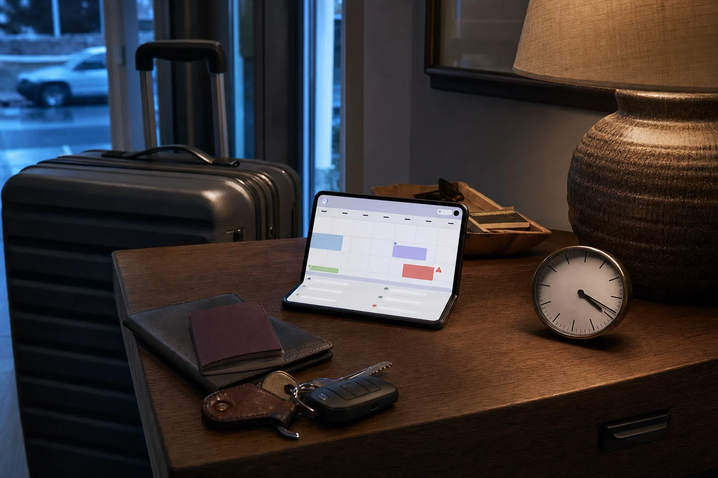 An open foldable phone with a calendar beside a suitcase, passport wallet, keys and an analog clock before an early-morning trip.
