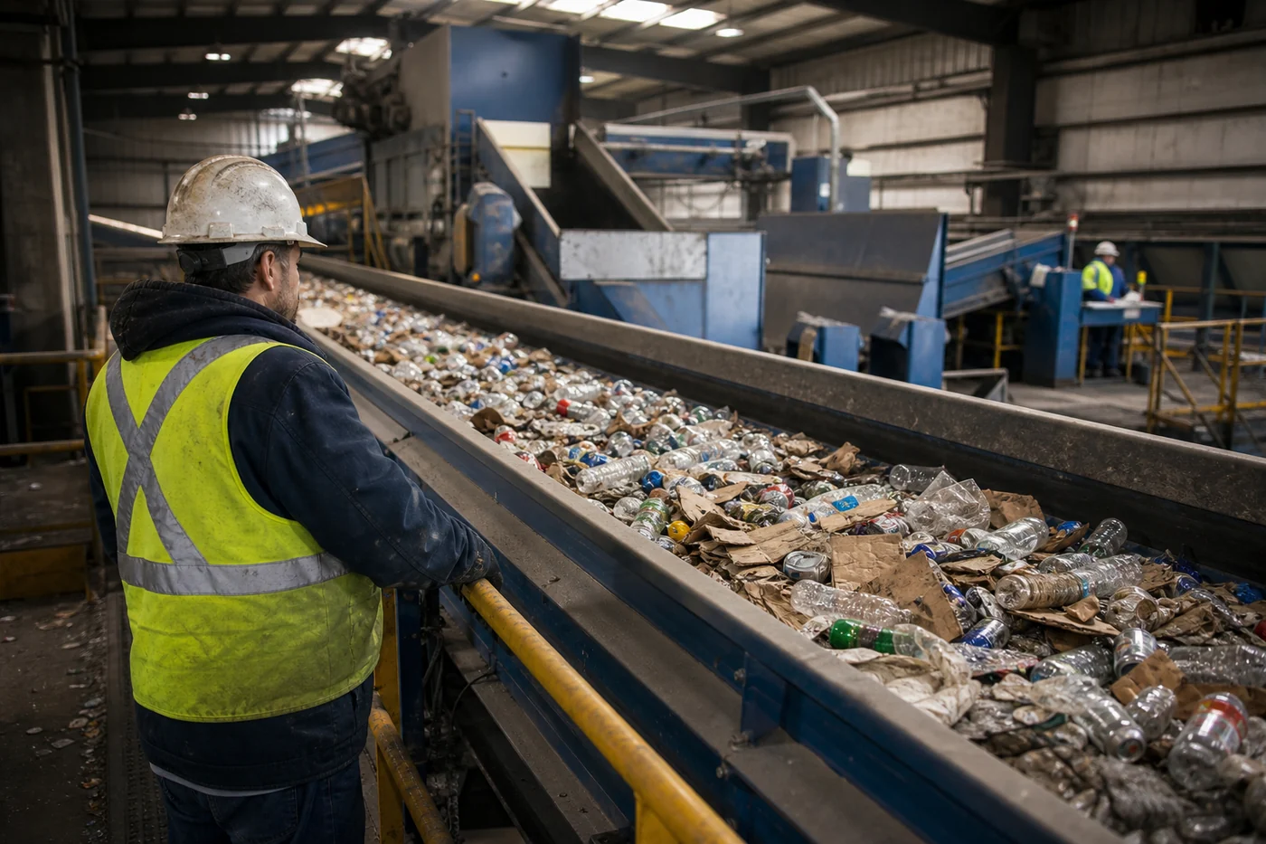 A worker in a high-visibility vest watches mixed plastic, aluminum and cardboard move along a conveyor inside a recycling facility.