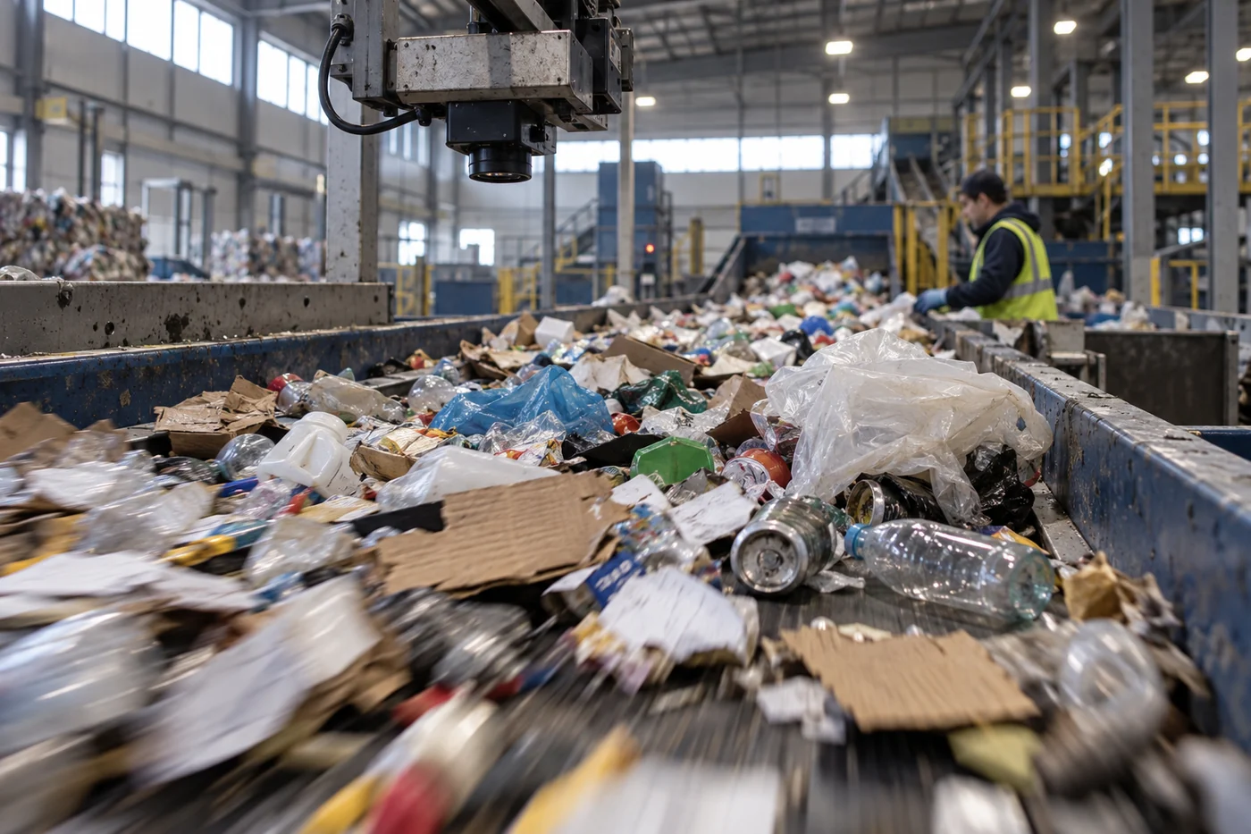 Mixed household recyclables moving along a conveyor under an industrial camera while a worker monitors the sorting line.