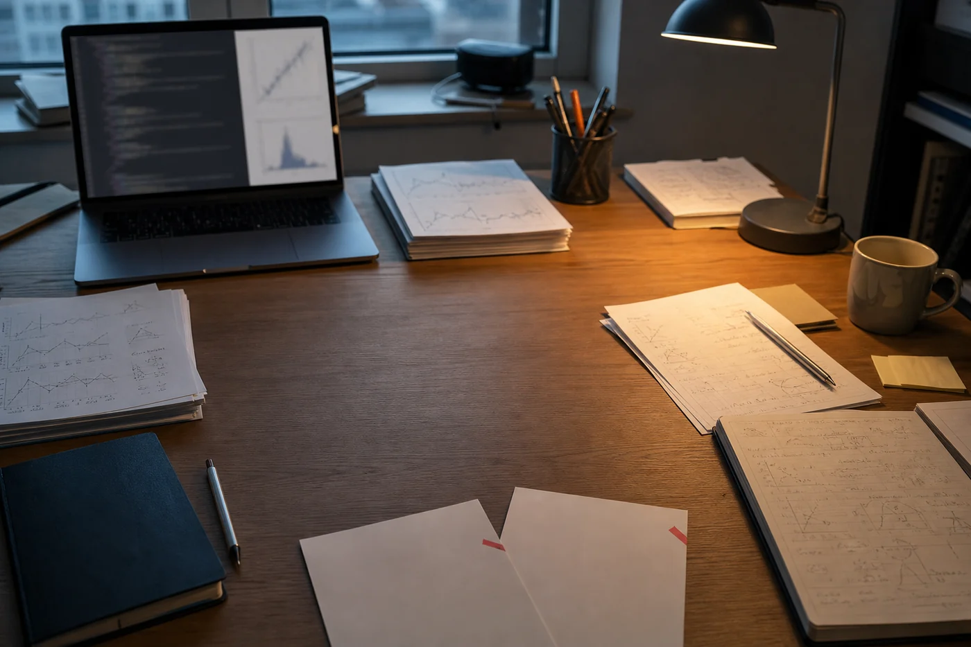 An empty research desk covered with experiment plots, a laptop, notebooks, and two face-down review sheets around a clear space in the center.