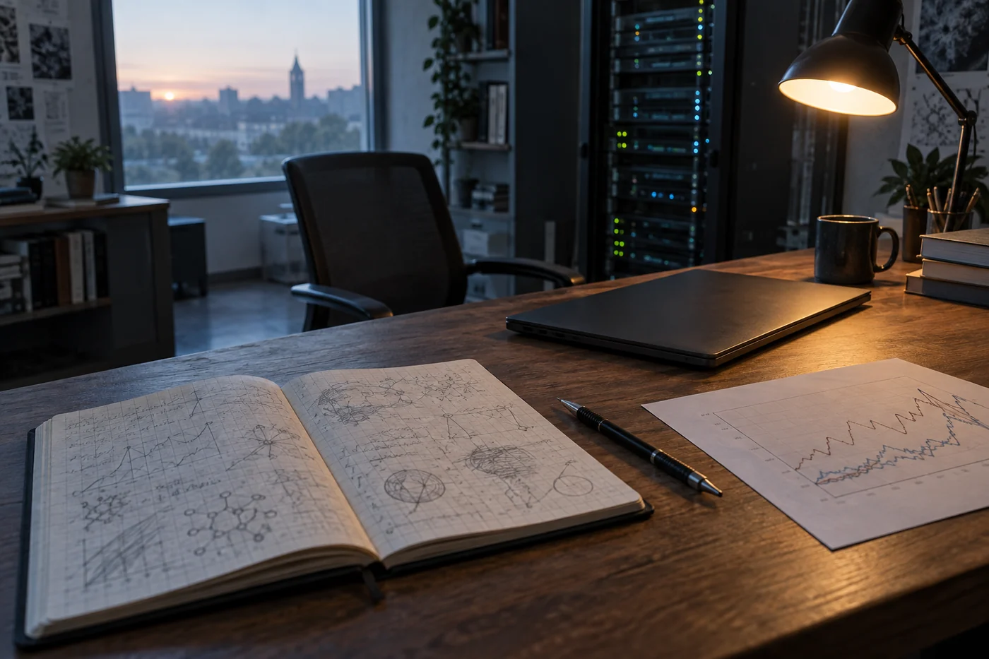 An open research notebook, pencil, paper chart and closed laptop on a desk at dawn, with a server rack in the background.