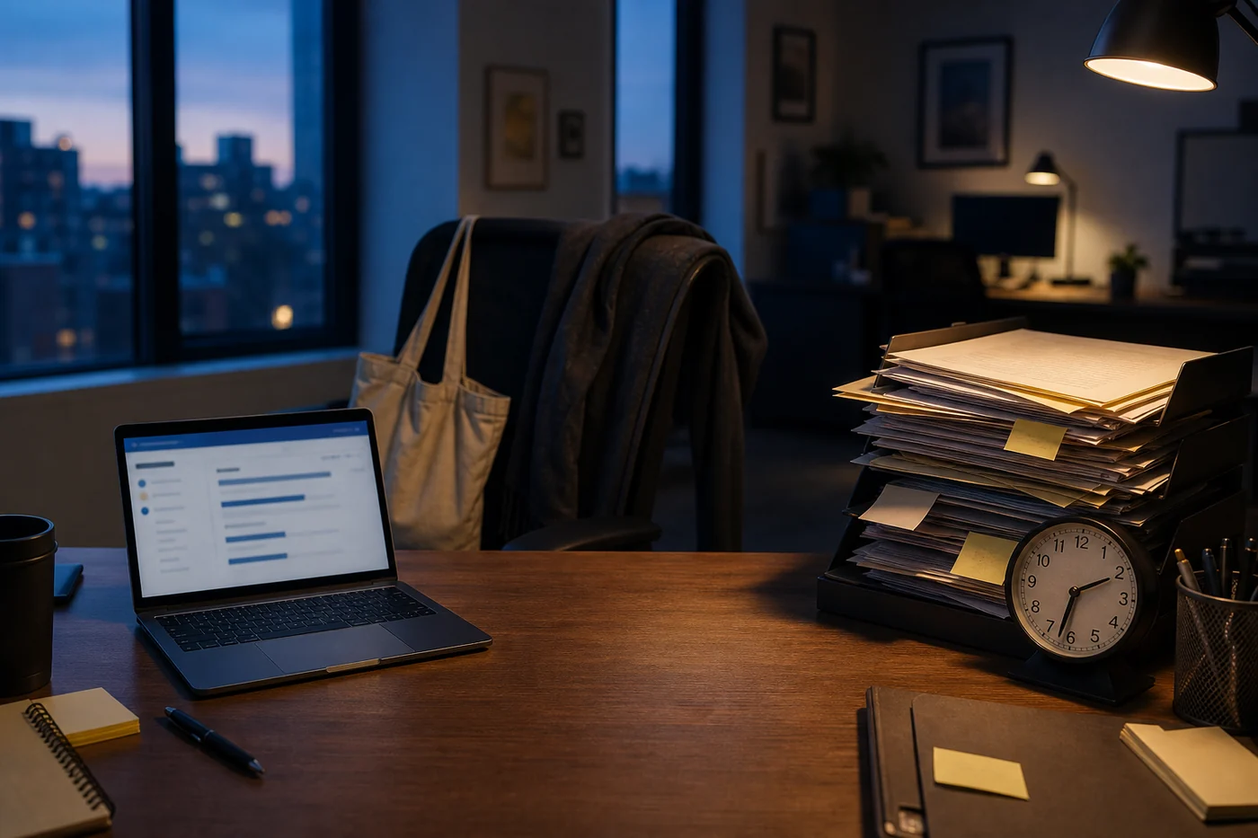 An office desk at dusk with a laptop, an overflowing paper tray, a clock showing after six, and a coat and tote waiting on the chair.