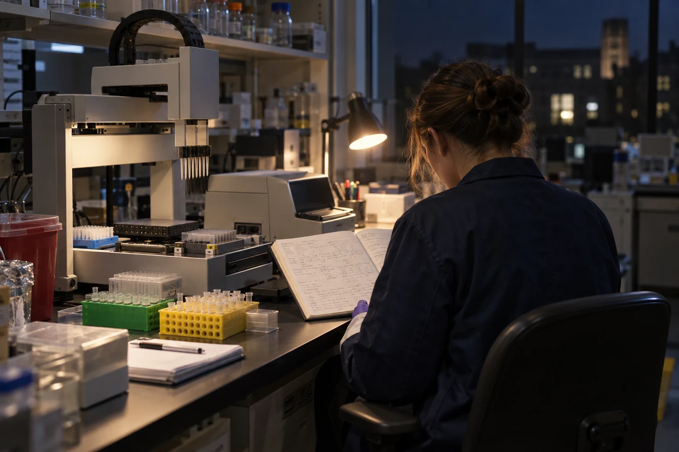 A researcher reviewing a paper lab notebook beside automated liquid-handling equipment in a quiet evening laboratory.